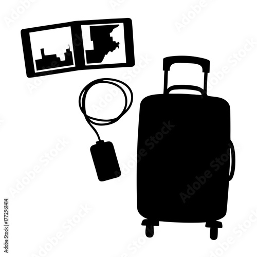Black silhouette of a suitcase, travel book, and luggage tag against a white background image view