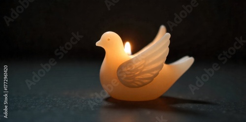 Serene Dove Candle Glow Soft Light Emitting from Dove Shaped Candle. A single, elegantly sculpted white dove shaped candle casting a warm, soft, and diffused golden glow. The background is a dark,