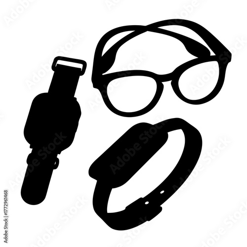 Silhouette of eyeglasses, fitness tracker, and smartwatch accessories on white background design element