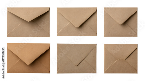Six small square kraft paper envelopes arranged in two rows