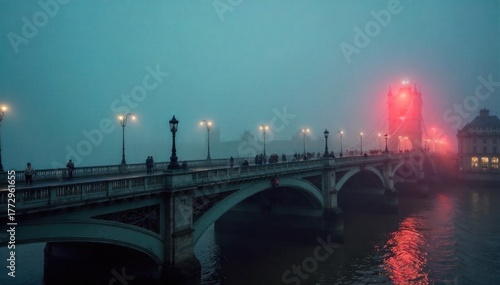 c?u Tower Bridge, Thames, fog An atmospheric shot of Tower Bridge enveloped in thick morning fog. Only parts of the bridge are clearly visible, creating a sense of mystery. The fog softens the light