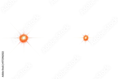 Elegant set of two glowing orange starburst lens flares with crystalline radiance isolated on a white backdrop for graphic design