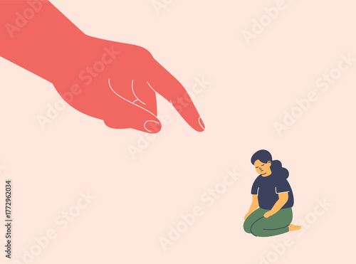 unhappy child is under pressure from an authoritarian adult. big human hand points on small sad girl sitting on the floor. pressure and abuse in the family on kids. vector illustration