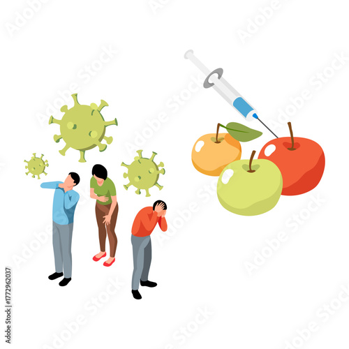 Medical Illustration Showing People Coughing Near Viruses and Apples with Syringe for Vaccination Concept