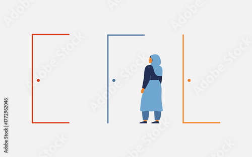 Discrimination for women at workplace.  Muslim woman stands near closed doors. Restriction for female rights in social life and business. Domestic violence concept. Vector illustration