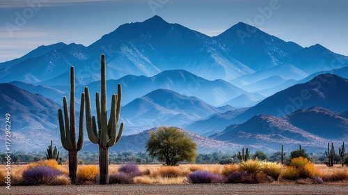 Wallpaper Mural Serene desert vista with saguaro cacti and layered blue mountains Torontodigital.ca