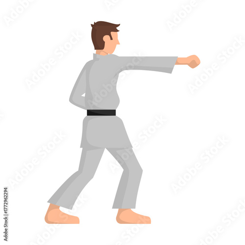 Male martial artist in a grey gi with a black belt throwing a punch, a vector concept of combat sport training