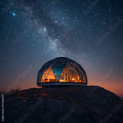 A futuristic dome-shaped house atop a glowing mountain features transparent walls that reveal swirling galaxies, with soft lights resembling captured stars.