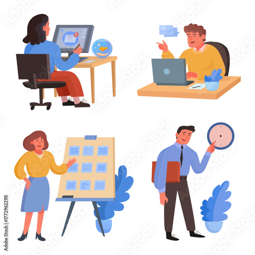 Modern business activities with diverse professionals collaborating, creating, and managing tasks, illustrating contemporary workplace scenarios