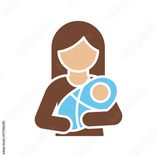 Stylized flat icon of a mother holding a baby, representing family and childcare Vector, illustration