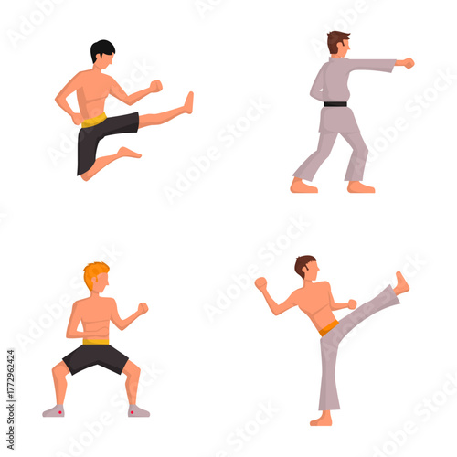 Vector illustration set of young men practicing combat sports with different fighting and kicking poses