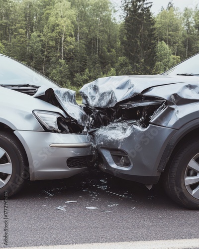 Two cars collided on a road, showing severe front-end damage. The scene is surrounded by trees, adding to the impact of the accident.