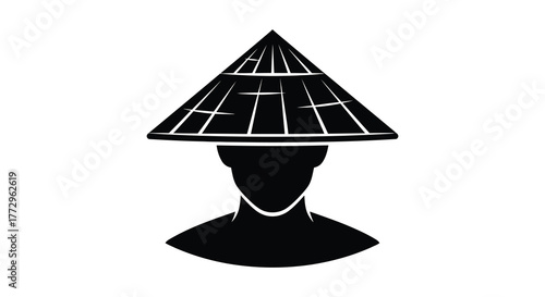Traditional asian conical hat worn by a person depicted as a stark black silhouette against a white background silhouette