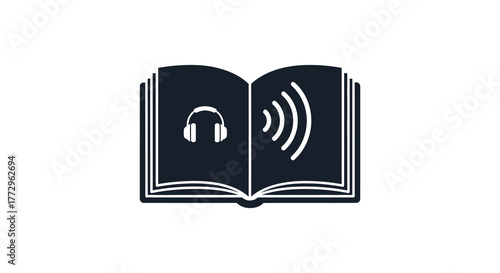 Open book with headphones and sound waves emanating from pages representing audiobooks and listening to stories silhouette
