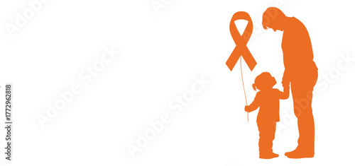 Father and Child Holding Orange Awareness Ribbon - Support & Cause Concept
