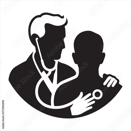 doctor and patient vector silhouette line art logo design concept illustration