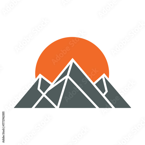 Geometric mountain range silhouette with orange sun rising behind peaks sunrise