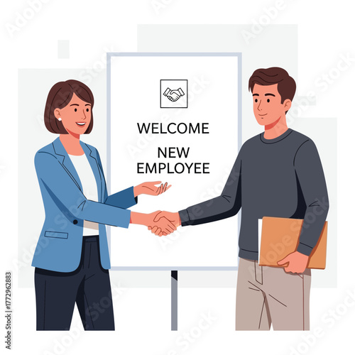 Welcoming a new employee with a handshake vector illustration of onboarding process for human resources and company culture