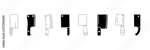 Cleaver knife icon set. Butcher and kitchen chopper tool, collection, cooking, utensil, and sharp black outline silhouette vector design.