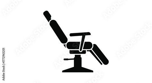 A stark black silhouette of a dental examination chair with adjustable features and a headrest on a white background