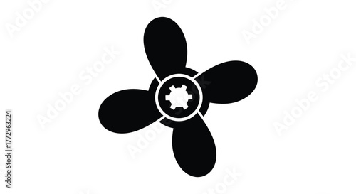 A stark black silhouette of a four bladed boat propeller against a clean white background silhouette