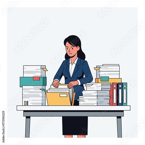 Businesswoman overwhelmed by paperwork surrounded by stacks of files and documents vector illustration for office work concept