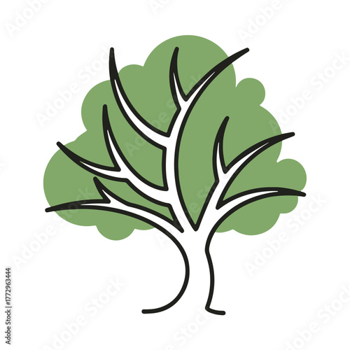 Stylized green tree with black outline and white branches vector