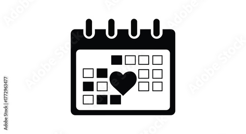 Black and white silhouette of a calendar with a heart symbol marking a special date or event