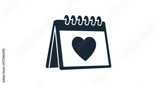 Simple dark blue silhouette of an open spiral bound notebook with a heart symbol on the page