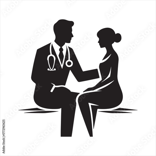 doctor and patient vector silhouette line art logo design concept illustration