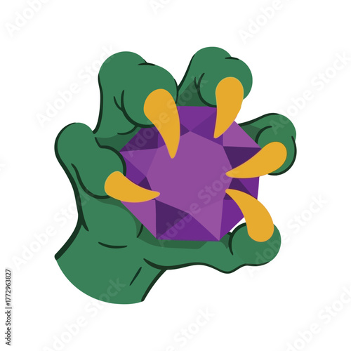 Monster claw holding a large purple gemstone with yellow talons on white background Vector, illustration