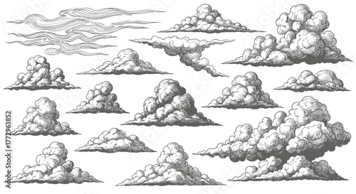 A collection of hand-drawn illustrations depicting various types of clouds against a white background.