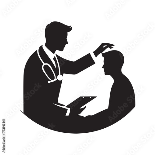 doctor and patient vector silhouette line art logo design concept illustration