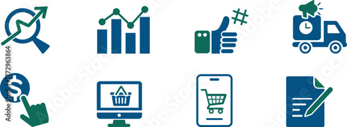 Flat vector icon set representing digital marketing, social media, and online promotion. Perfect for websites, ads, SEO, branding, and business campaigns.