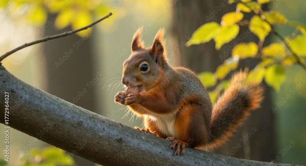 Fototapeta premium Small furry creature perched on a tree branch, eating a nut