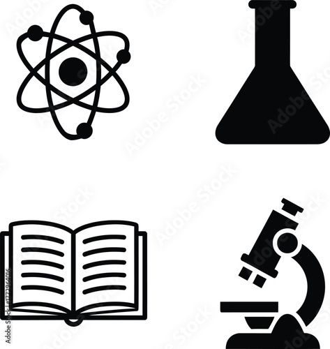 A collection of four black and white icons representing science and education, including an atom, a flask, an open book, and a microscope.