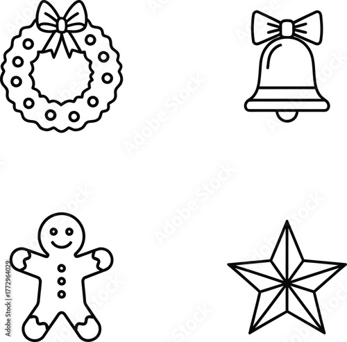 A collection of four black and white line art icons representing Christmas holiday symbols: a wreath, a bell, a gingerbread man, and a star.