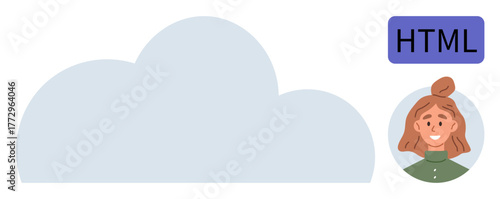 Large cloud representing storage with a smiling female avatar and HTML tag. Ideal for web development, coding, learning, communication, personalization, user interface, and digital services. Simple