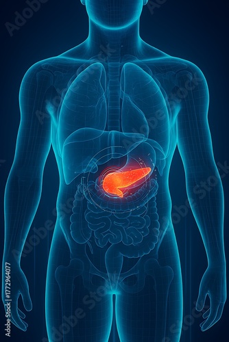 Anatomical illustration of the human pancreas highlighted in red