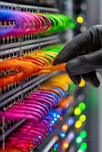 Conexión de cables de red coloridos en un entorno tecnológico moderno