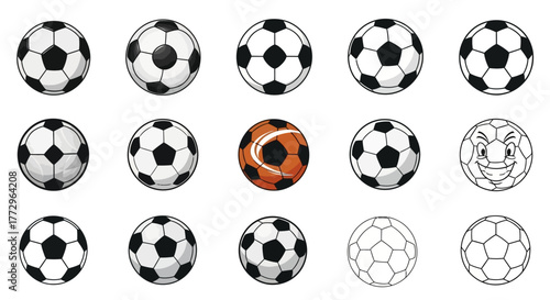 A collection of soccer balls and a cartoon animal face are displayed in rows.