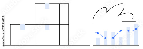Minimalist blocks stacked in ascending order beside a bar and line graph under a cloud. Ideal for analytics, data growth, cloud technology, business strategy, trends, development, simple flat