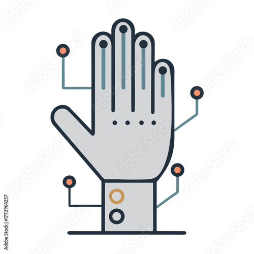 Robotic Hand Vector Icon, Cybernetic Glove with Circuit Connections, Isolated on White Background