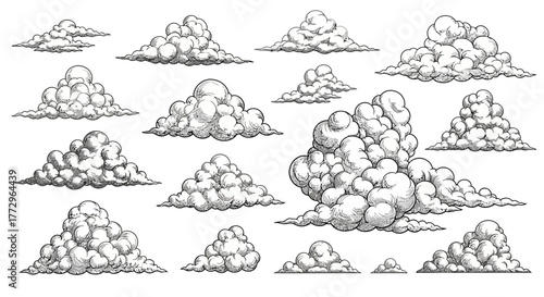 A collection of various cumulus clouds drawn in a sketched style against a white background.