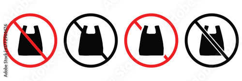 No Plastic Bag Prohibition Icon – Red Ban Symbol and Green Sustainable Packaging Vector