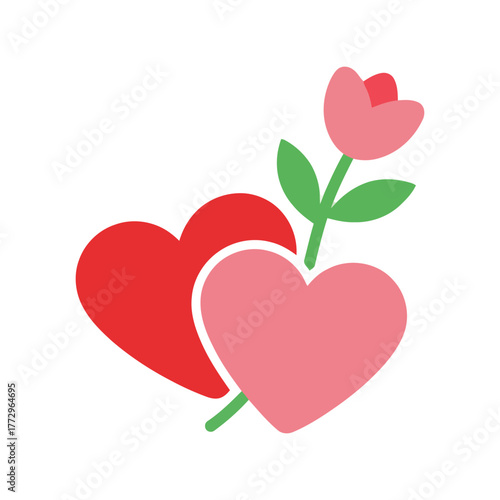 Vector graphic of two hearts and a pink tulip, symbolizing love and romance Vector, illustration