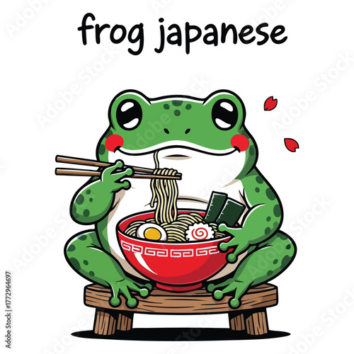Cute Japanese Frog Eating Ramen Noodle Soup Illustration Set