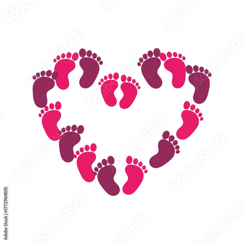 Heart shape formed by baby footprints, symbolizing love, family, and new life Vector, illustration