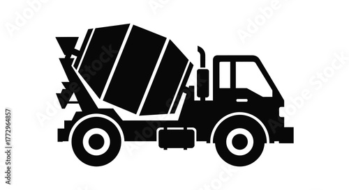 A stark black silhouette of a concrete mixer truck on a white background representing construction and industry silhouette