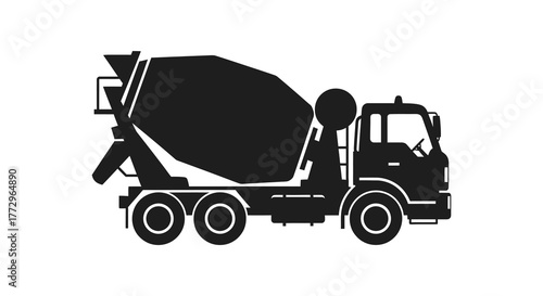 Black silhouette of a concrete mixer truck with a rotating drum on a white background